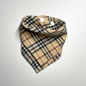 Designer Inspired Tan Check Plaid Dog Bandana w/ Snaps | XS